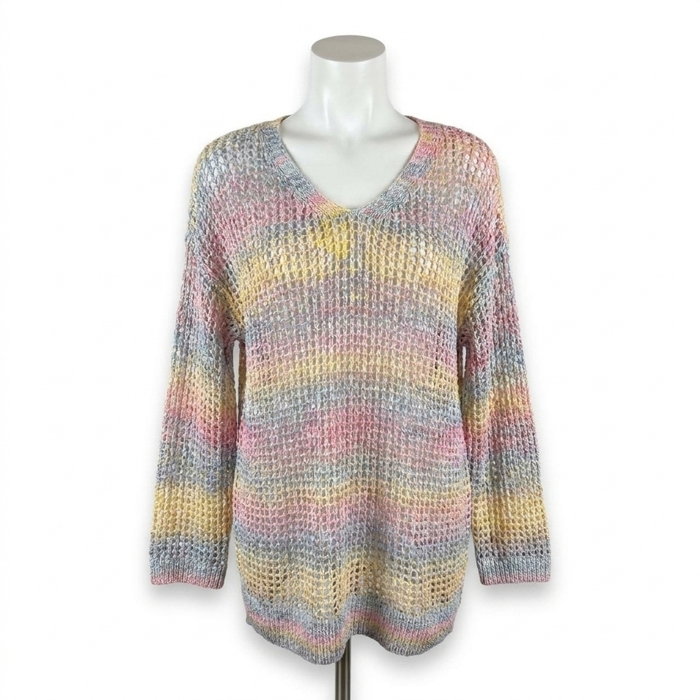 NEW CHARLIE B women's crochet v-neck sweater in yellow/ pink/blue